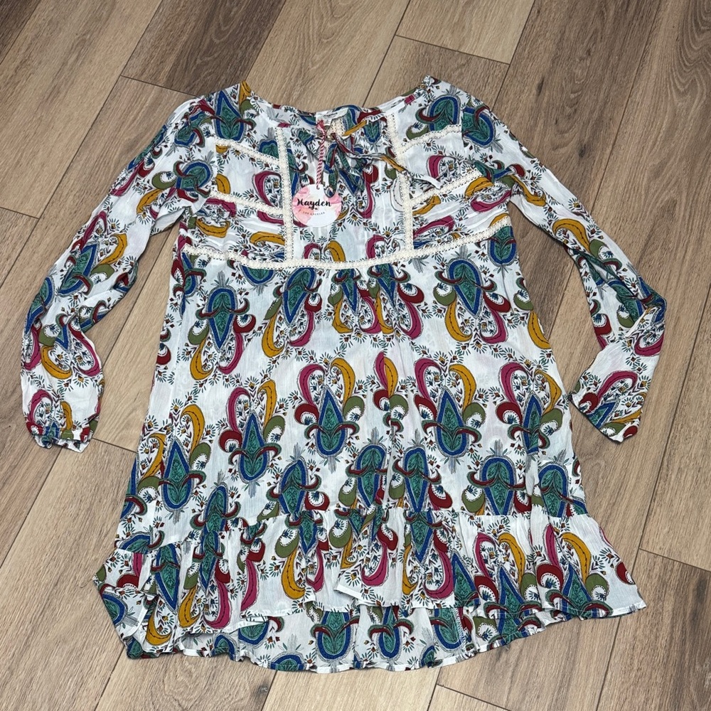 Hayden NWT S (M good) cream teal lace tie front viscose Paisley boho mini dress